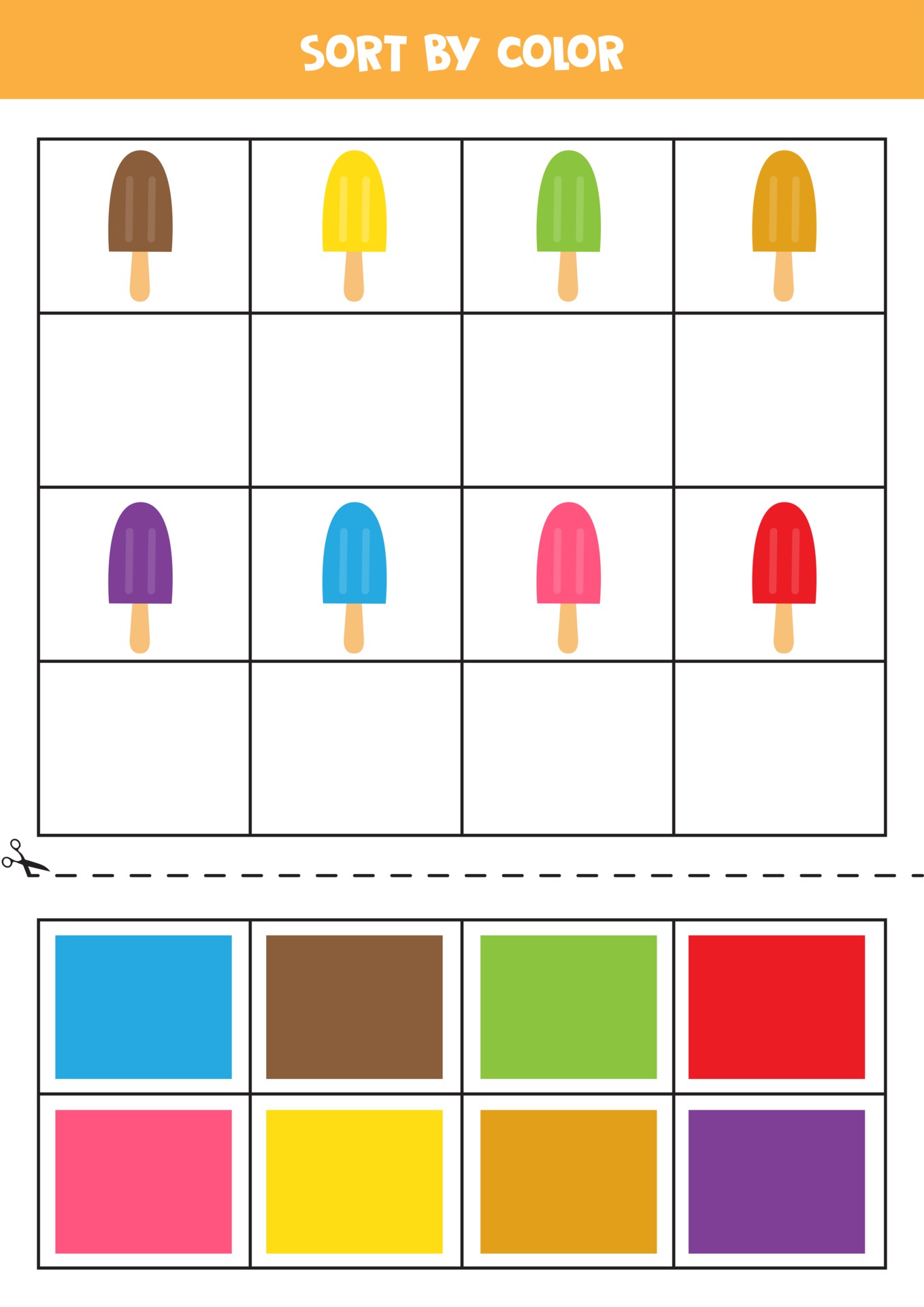 Sort pictures by color. Cartoon ice creams. Game for kids. Cut and glue