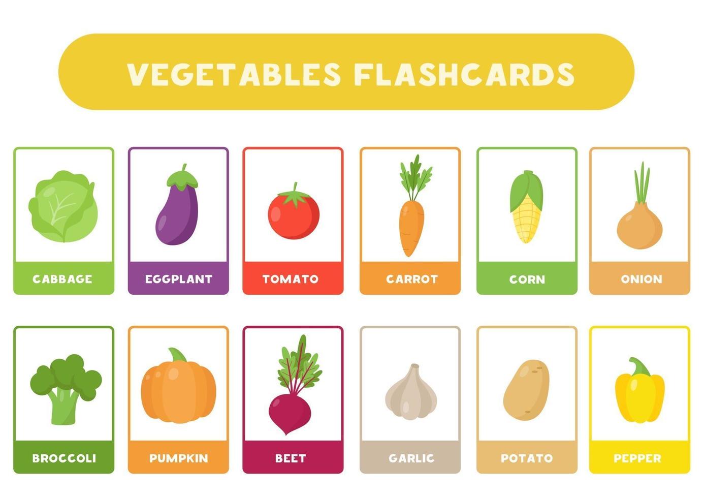 Cute cartoon vegetables with names. Flash cards for children. vector