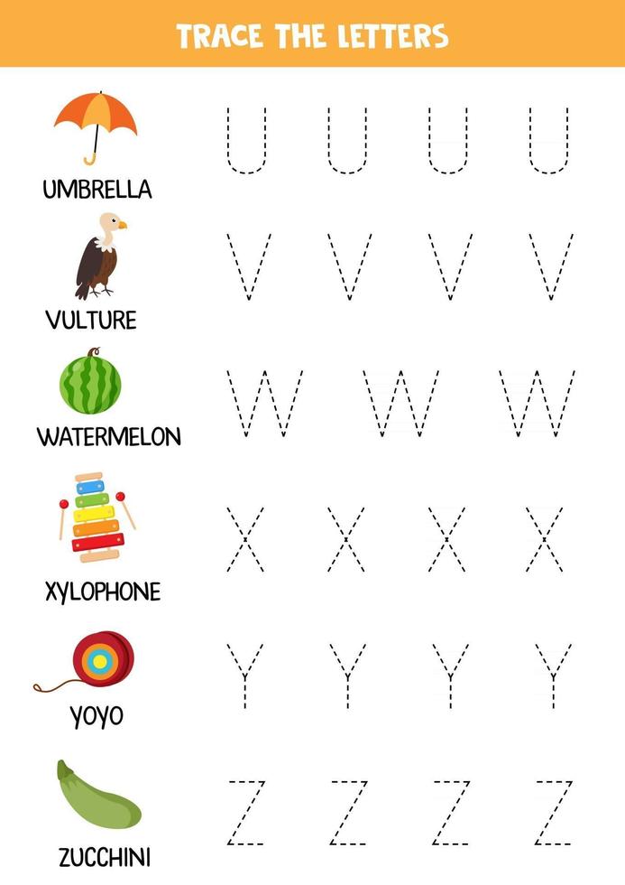 Tracing letters of English alphabet. Writing practice. vector