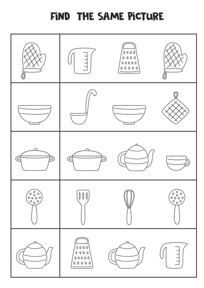 Encuentra dos utensilios de cocina iguales. hoja de trabajo en blanco y negro. vector