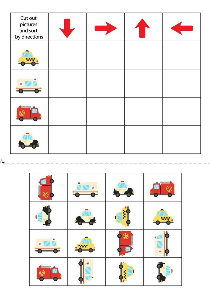 cortar y pegar tarjetas de medios de transporte. Izquierda derecha arriba abajo. 2922161 Vector