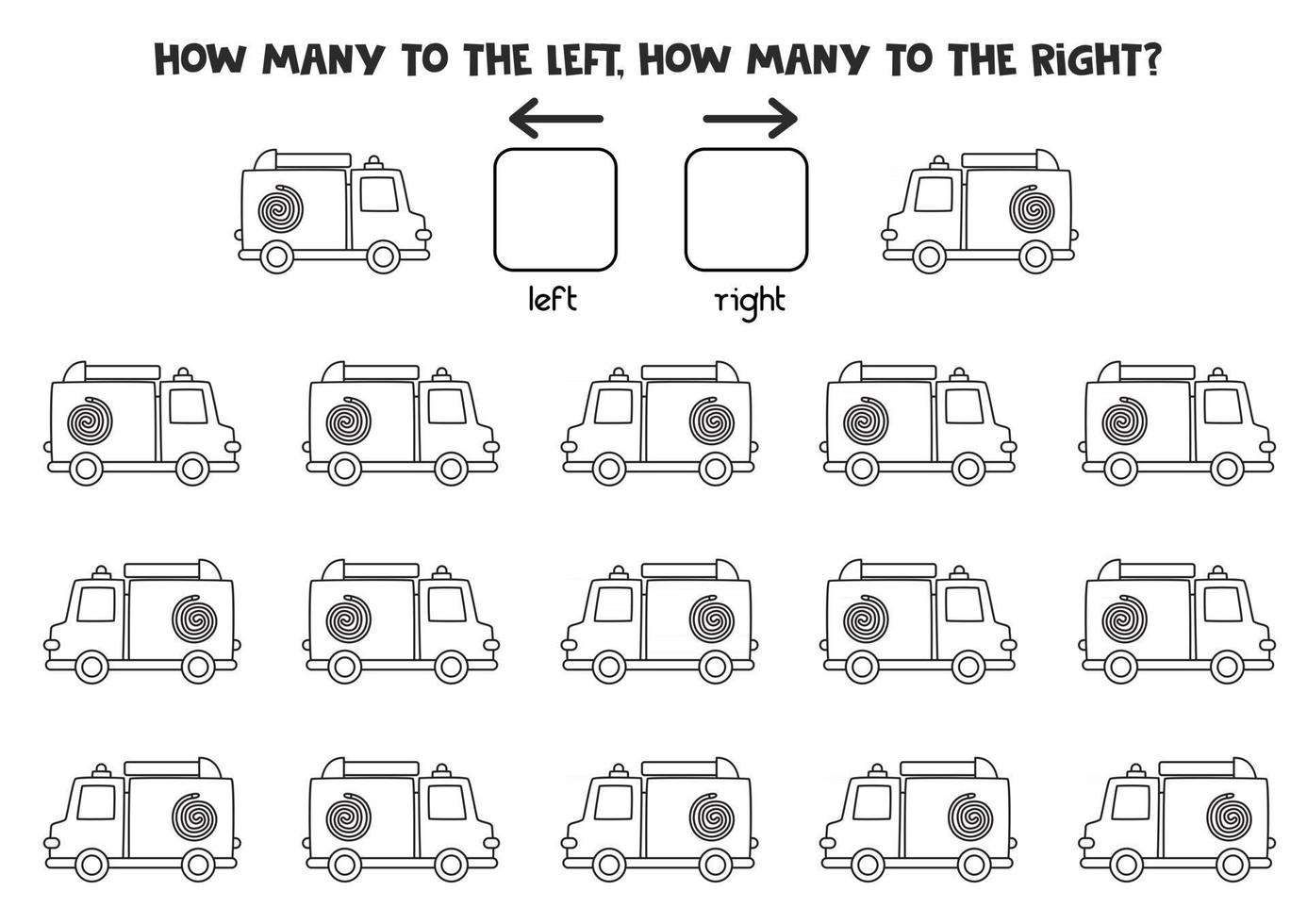 Left or right with black and white fire engine. Logical worksheet for preschoolers. vector