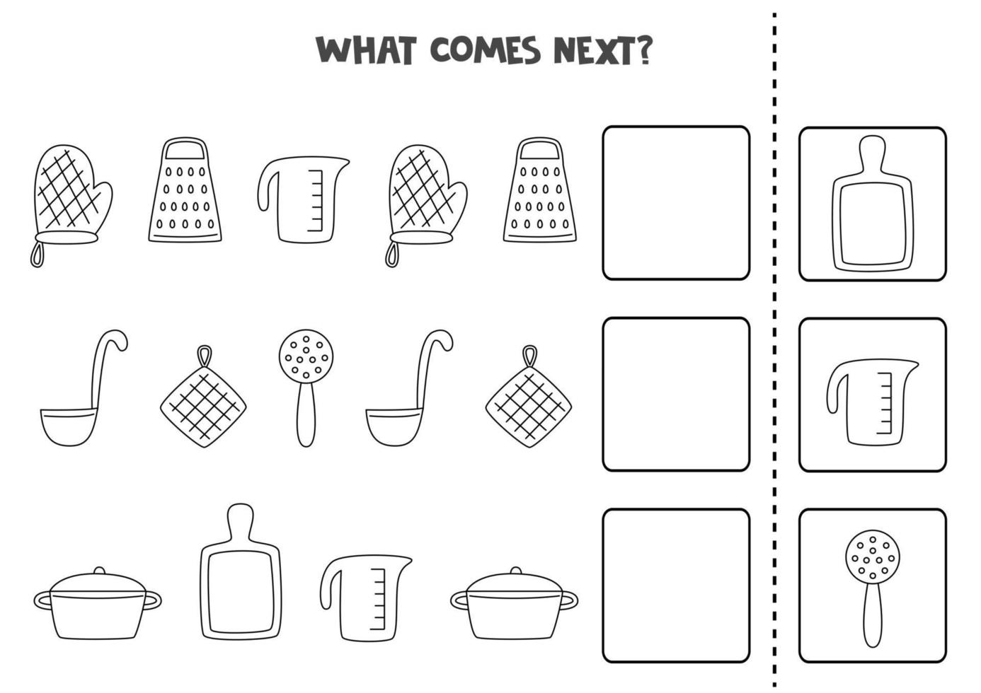 What comes next game with black and white kitchen utensils. vector