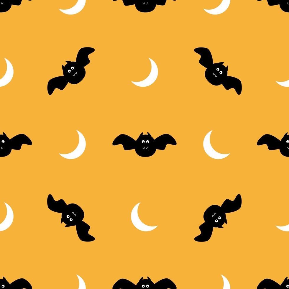 Halloween seamless pattern. Bat and crescent on yellow background. vector