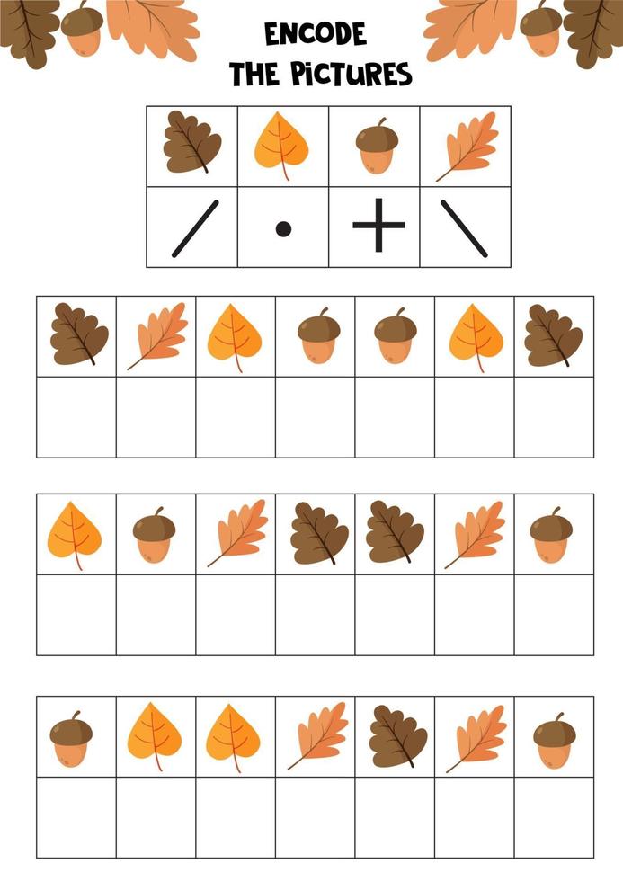 Educational worksheet for kids. Encode the pictures. Logic game for children. Autumn set. vector