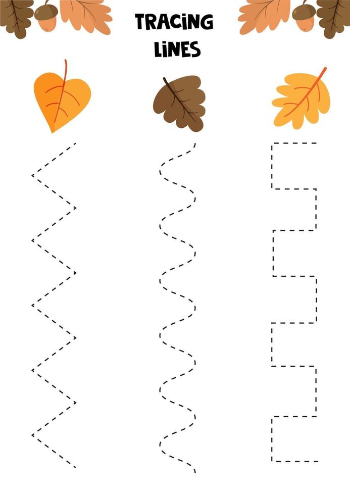 Educational game for kids. Handwriting practice. Autumn set. Autum leaves. Trace the lines. Preschool worksheet. vector