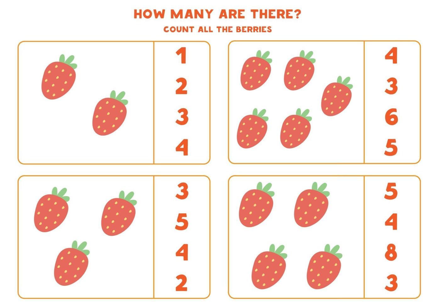 Educational worksheet for preschool kids. Count strawberries. vector