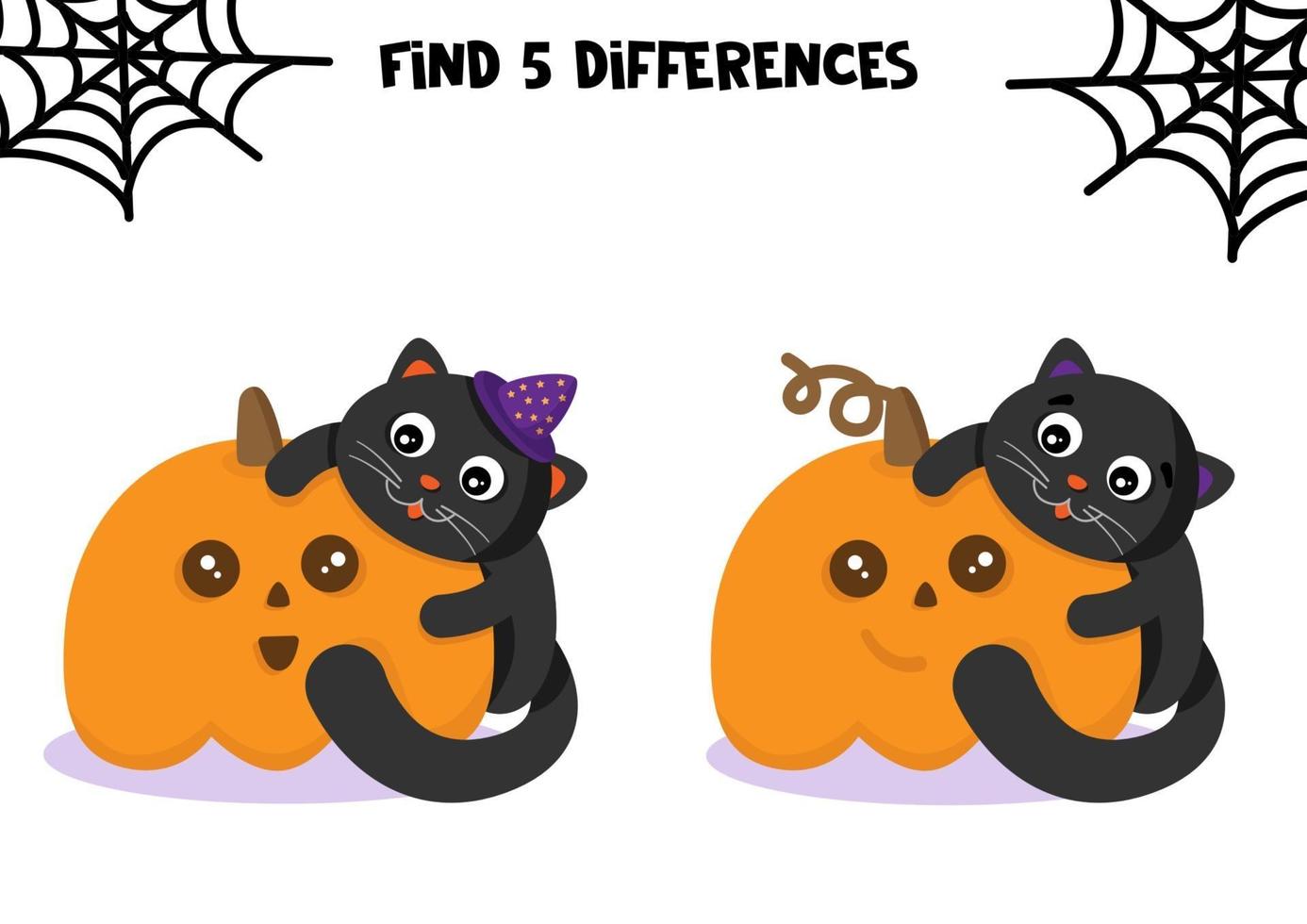 Cute pumpkin and cat. Educational game for kids. Halloween worksheet. Find differences. vector