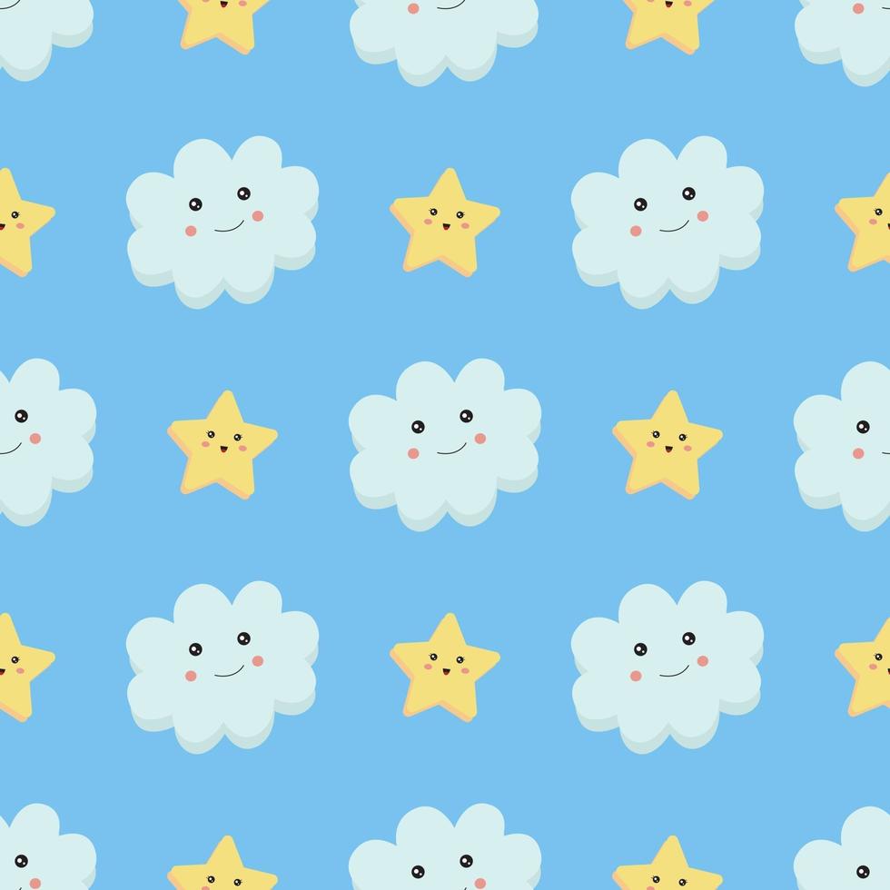 Seamless pattern, cloud and stars on blue background. vector