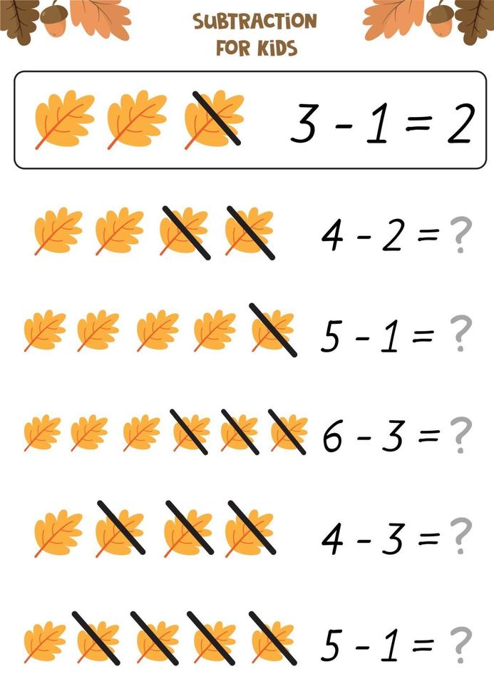 Educational worksheet for preschool kids. Subtraction for kids. Autumn set vector