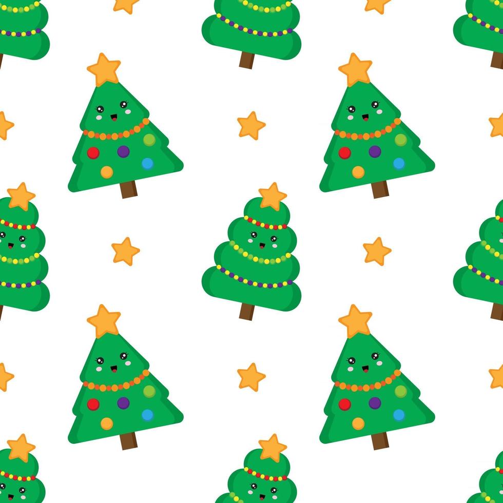 Christmas tree seamless pattern. Cute kawaii fur trees. vector
