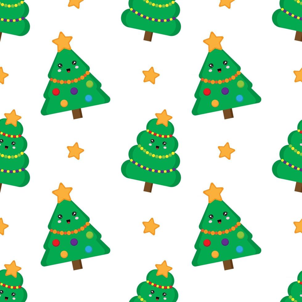 Christmas tree seamless pattern. Cute kawaii fur trees. vector