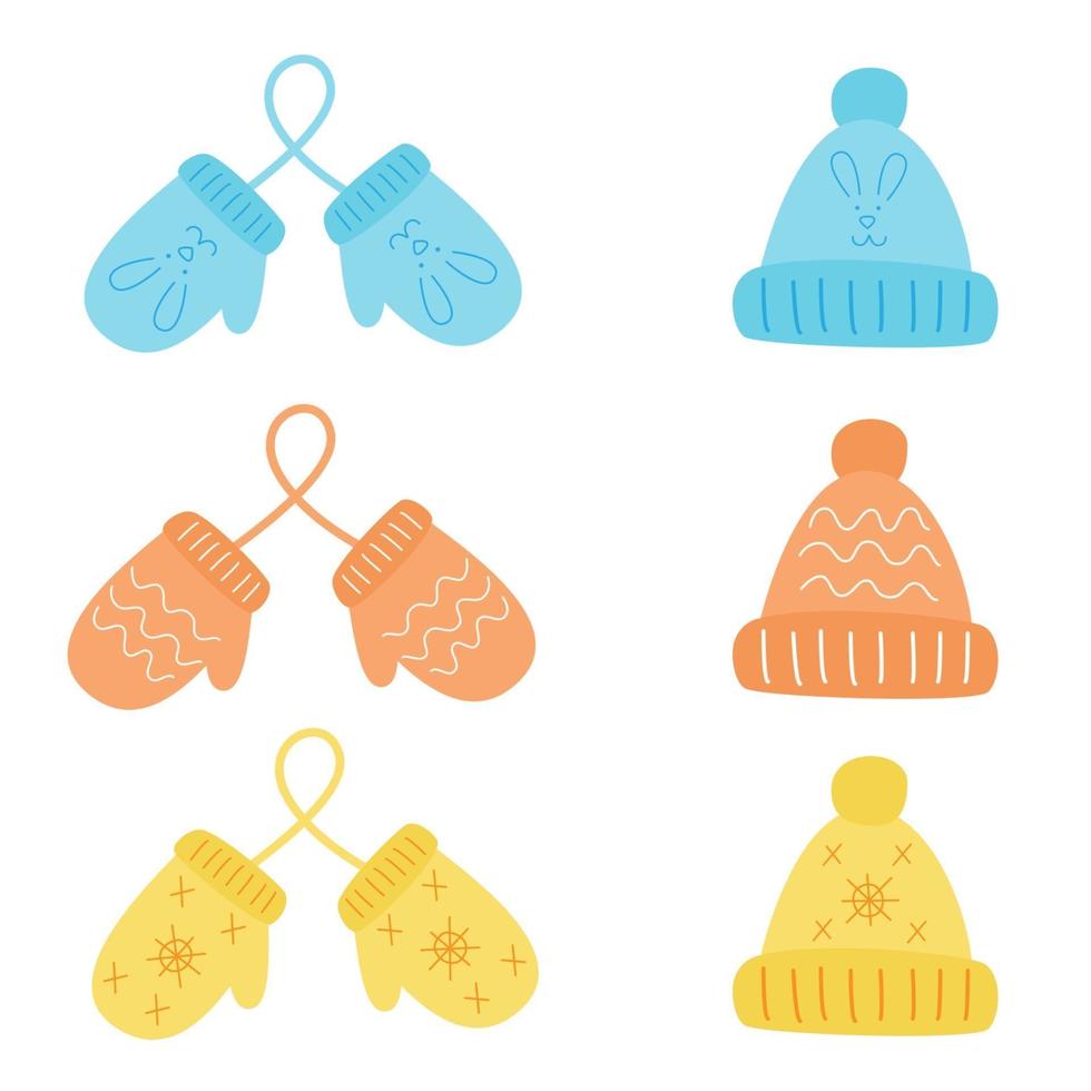 Pairs of mittens and winter caps vector