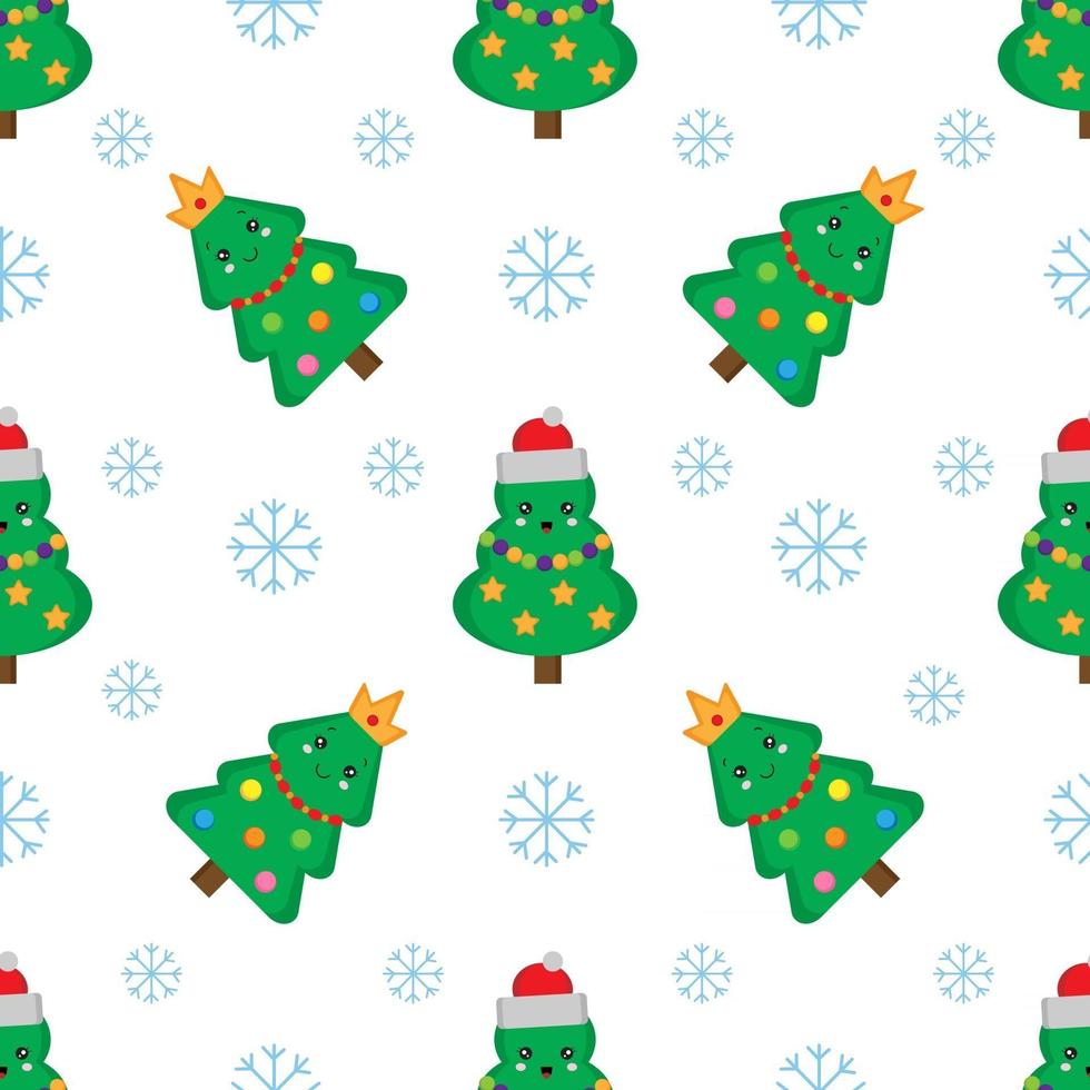 Seamless pattern with cute kawaii Christmas trees. Holiday decoration. vector