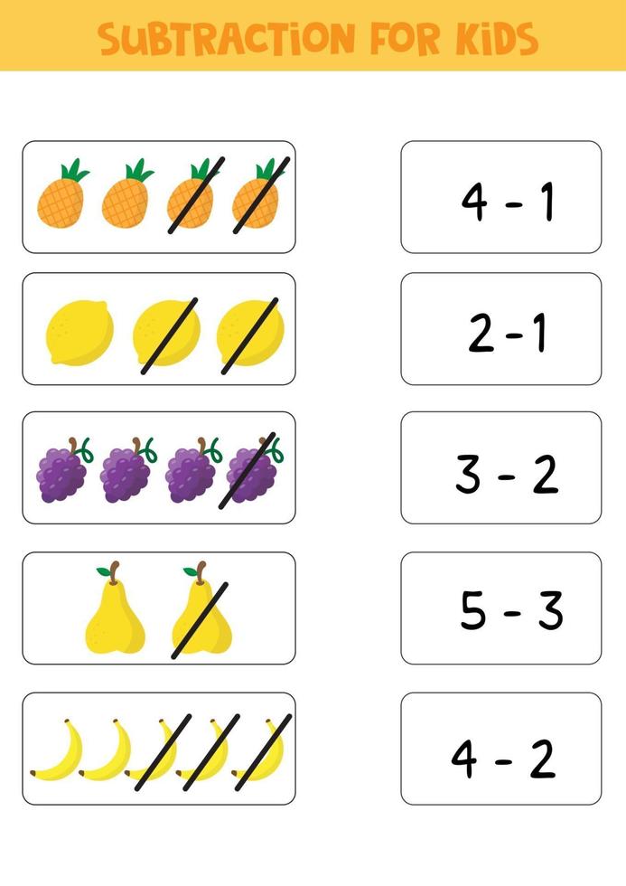 juego educativo de matemáticas para niños. resta para niños. partido. vector