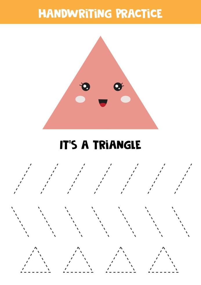 Cute kawaii triangle. Geometry for toddlers. Educational worksheet for kids. Games for kids. Printable pages for preschool children. vector