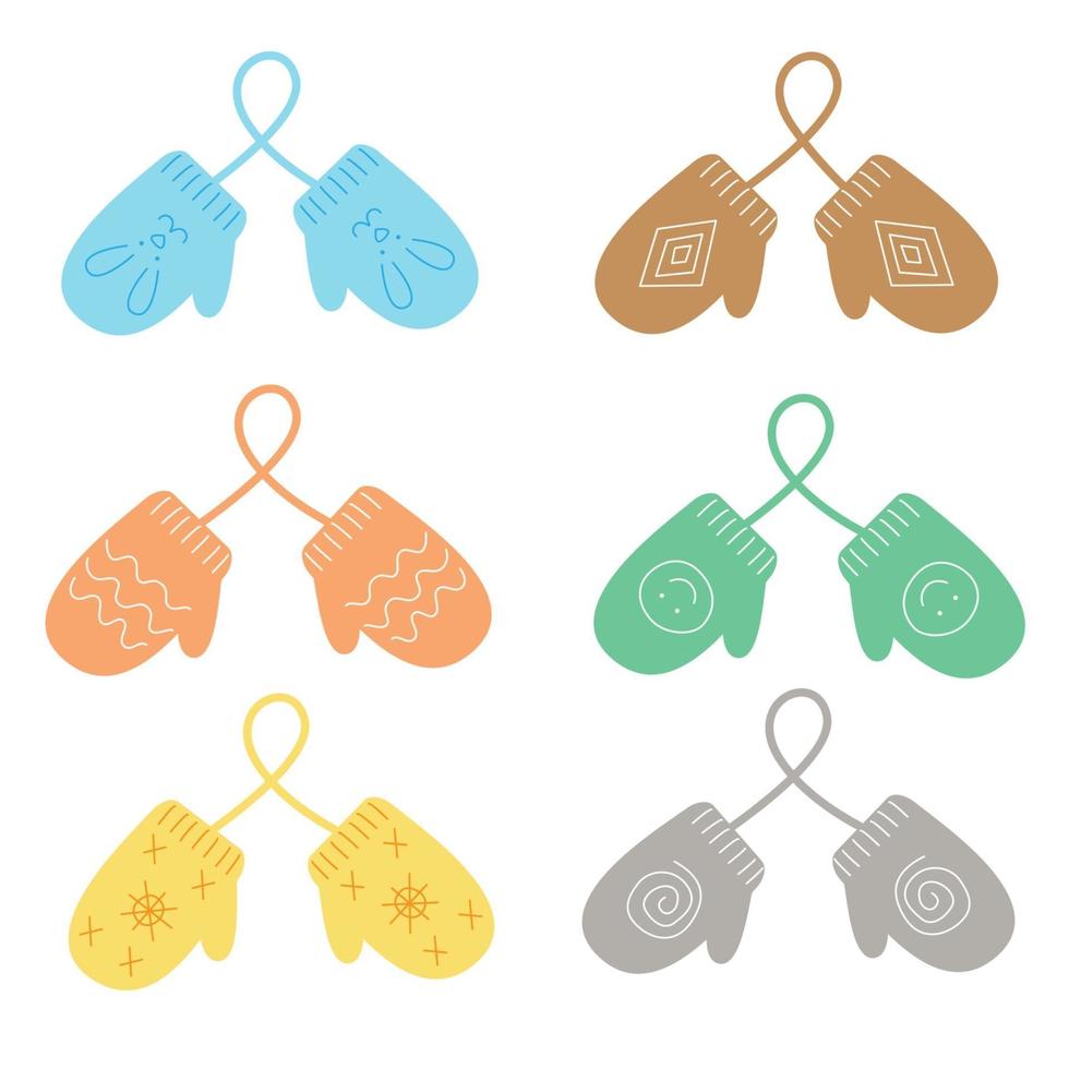 Cute pair of mittens on white background. Winter clothes. Mittens with funny ornaments. Colorful pairs with rope. vector