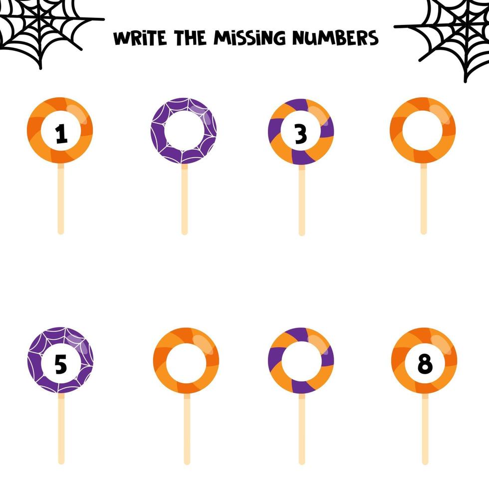 numbers. Printable for halloween party. Educational game for children. Halloween sweet lollipops. vector