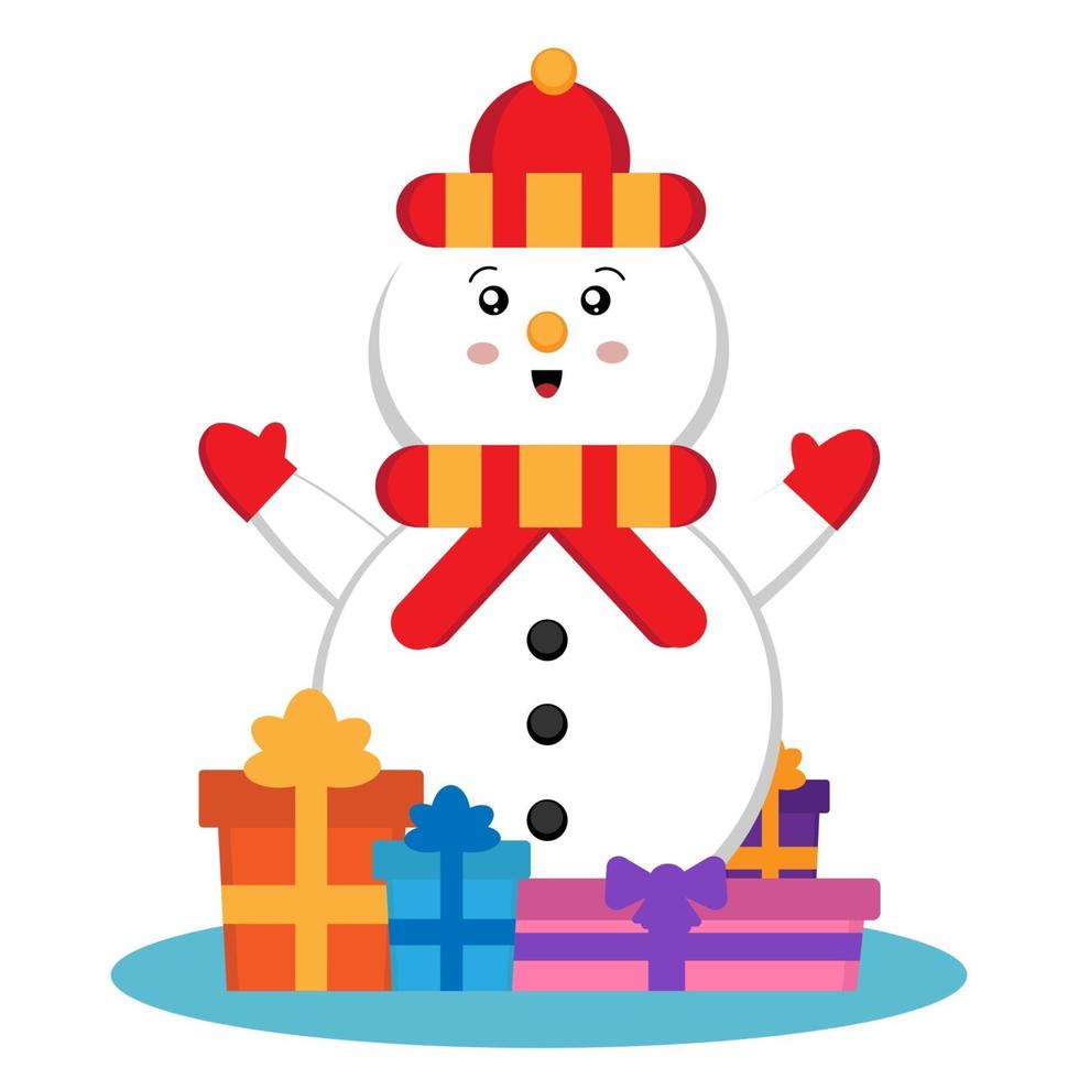 lindo muñeco de nieve con regalos vector