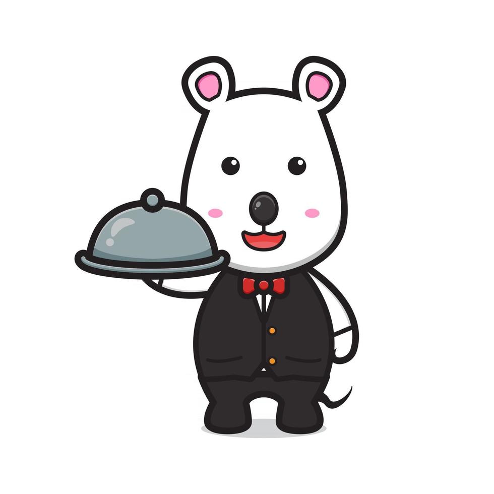 Cute mouse as a waitress holding hotplate cartoon vector icon illustration