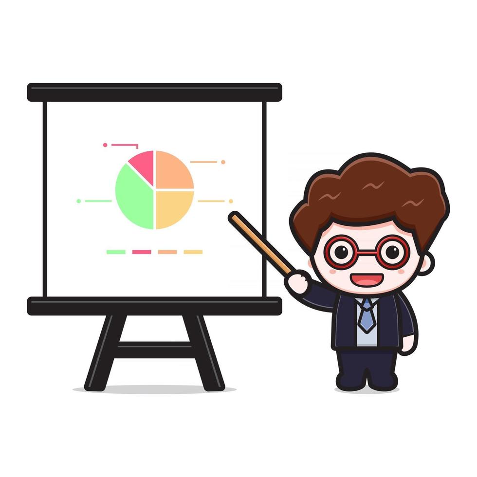 Cute successful businessman presentation with stick cartoon vector icon illustration