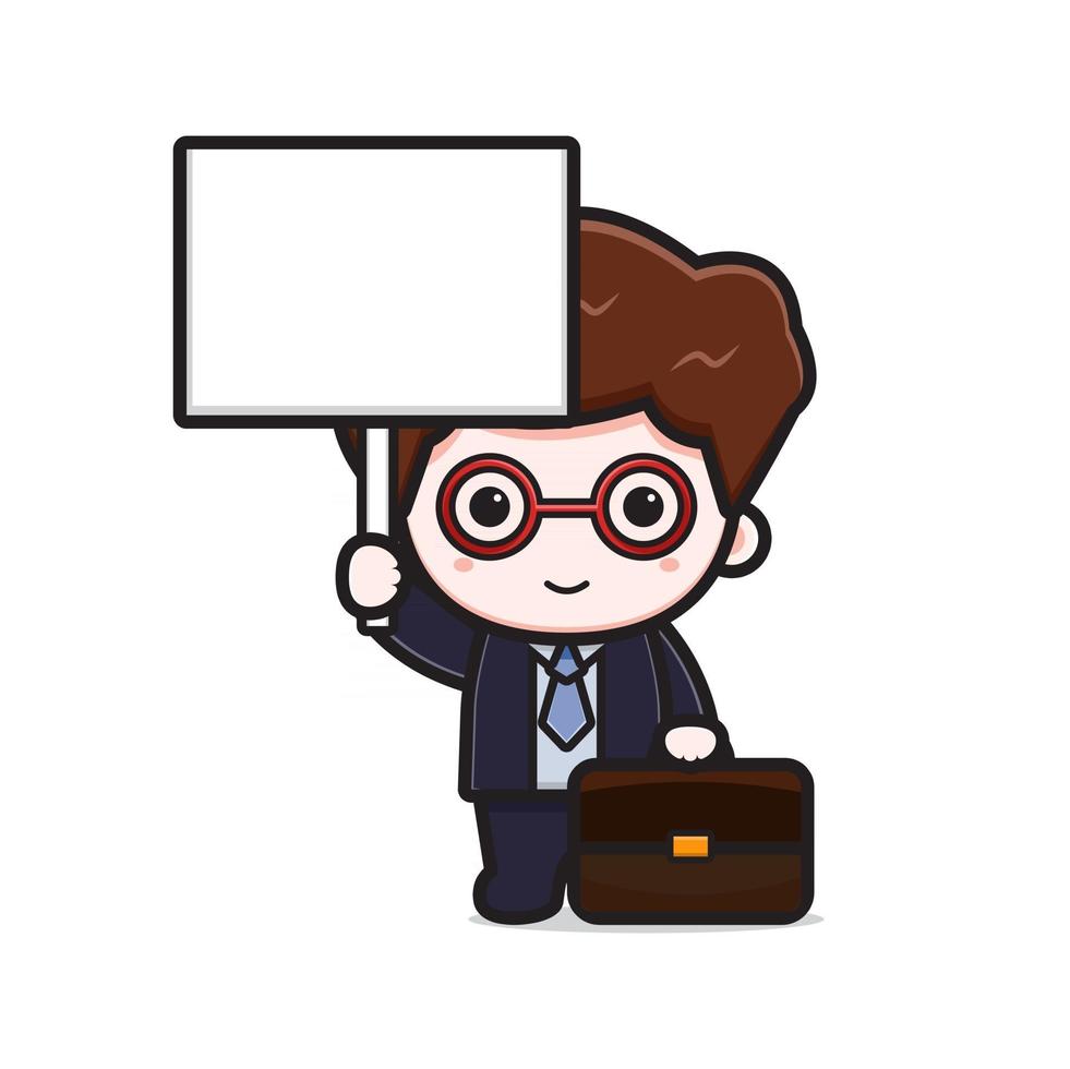 Cute businessman with blank board cartoon vector icon illustration