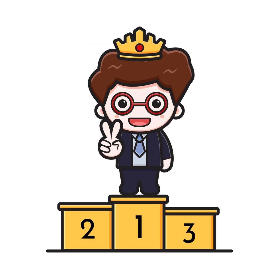 Cute successful businessman on the first podium cartoon vector icon illustration