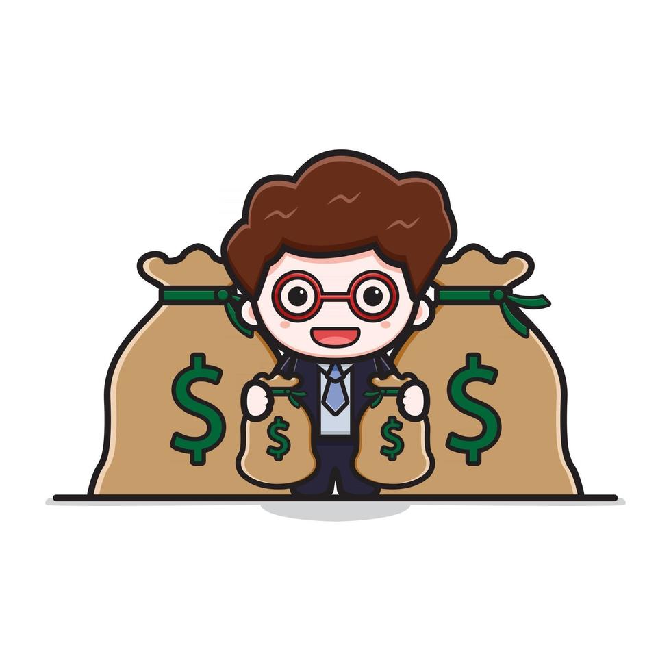 Cute successful businessman holding gold cartoon vector icon illustration