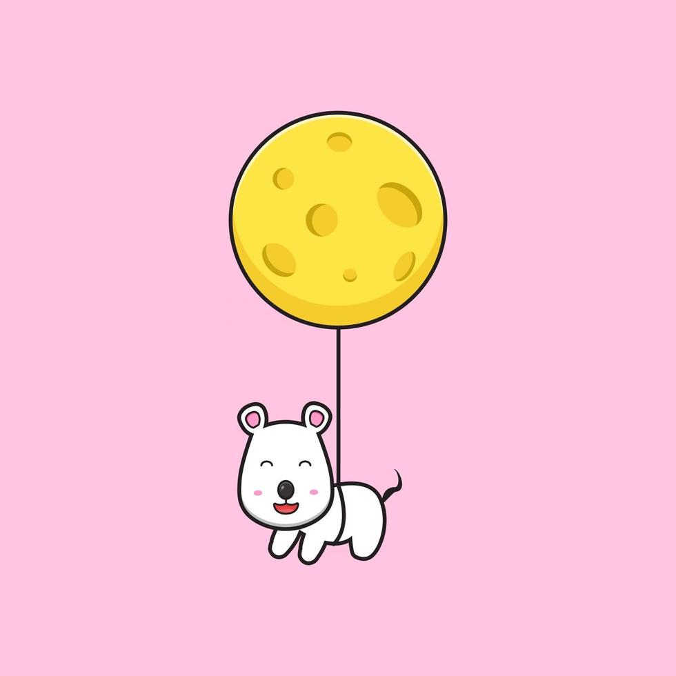 Ratón lindo volando con ilustración de icono de vector de dibujos animados de queso