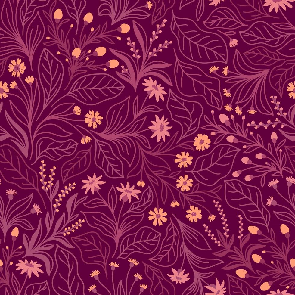 Lilac seamless background with pink flowers and leaves vector