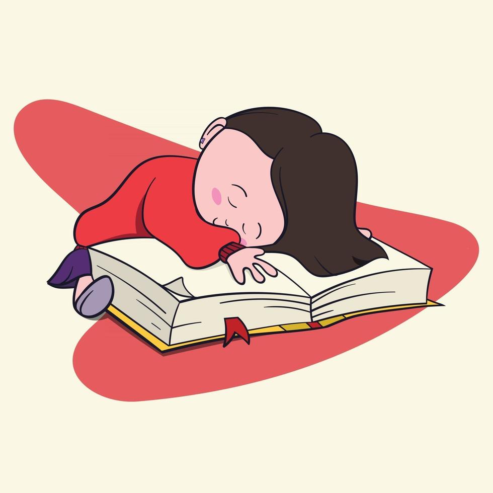 Cute little girl book lover enjoys reading big books and novels. Cartoon style Bibliophile Illustration for Graphic Novels. vector