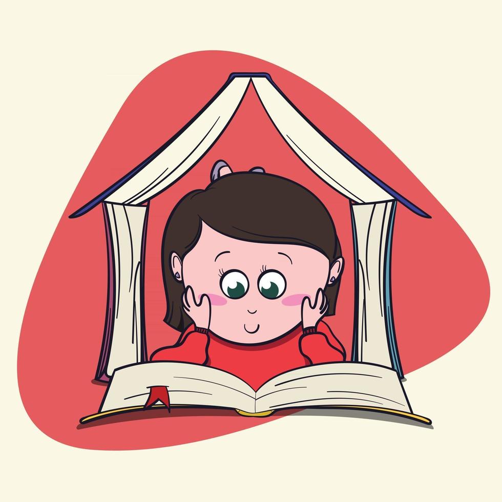 Cute little girl book lover enjoys reading big books and novels. Cartoon style Bibliophile Illustration for Graphic Novels. vector