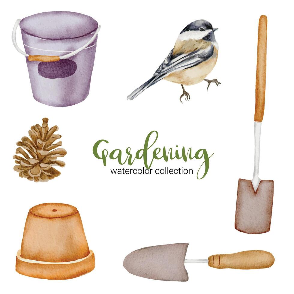 Gardening in watercolor collection flat vector on white background