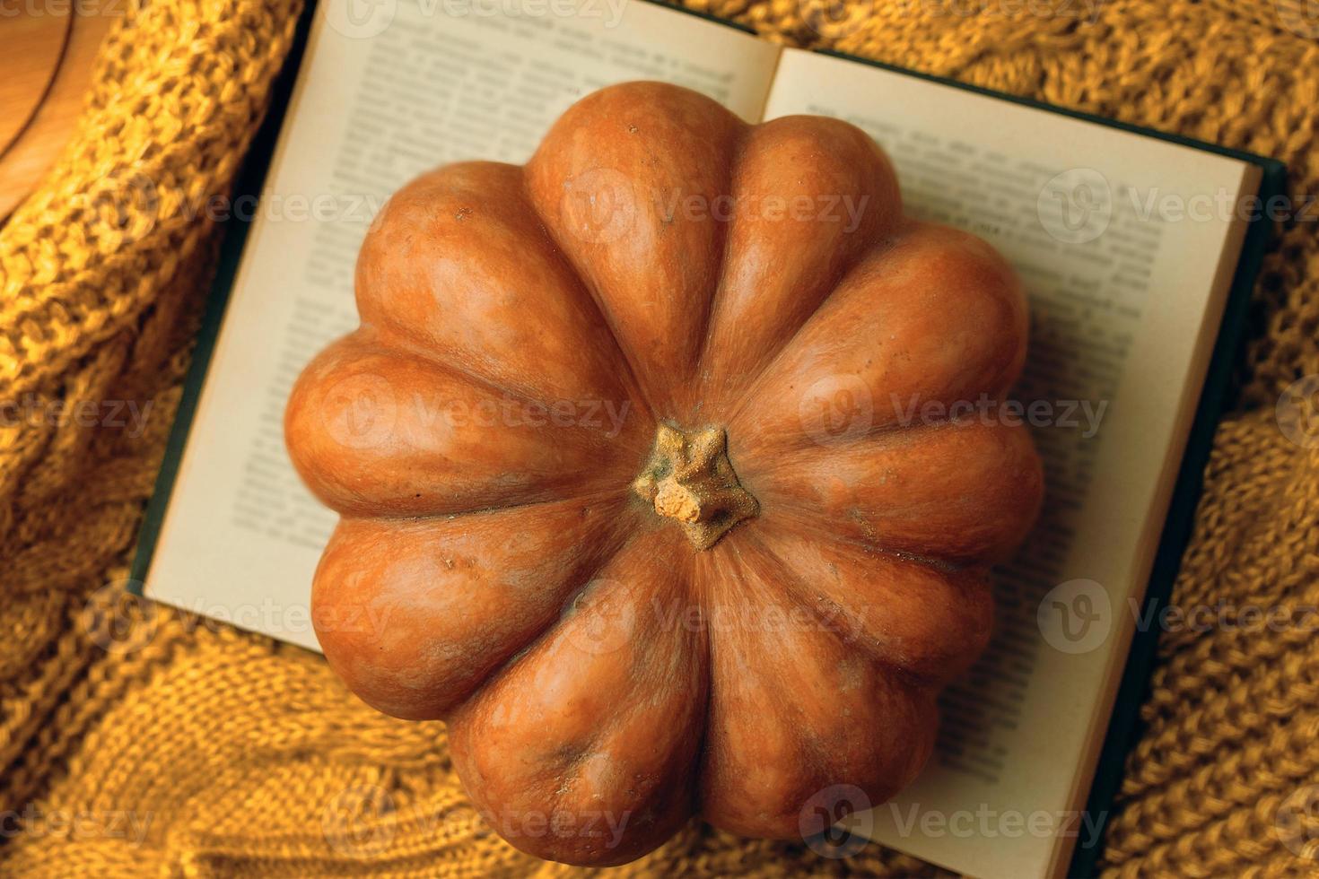 acogedor jersey de punto, libro abierto y calabaza madura. foto