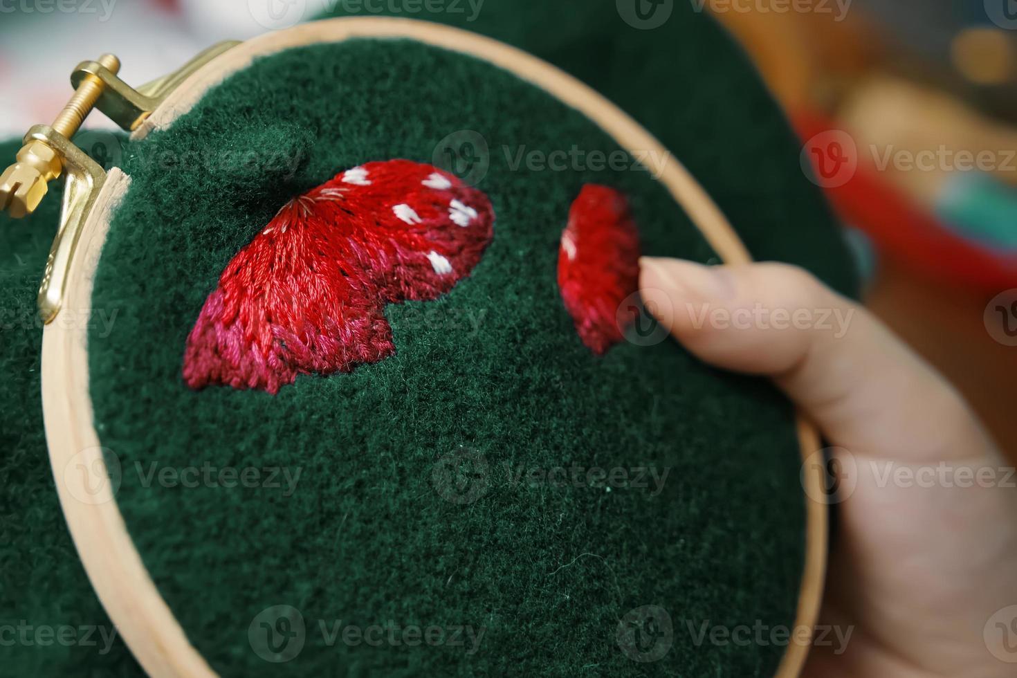 Girl's hand embroidery mushroom hat in hoop. photo