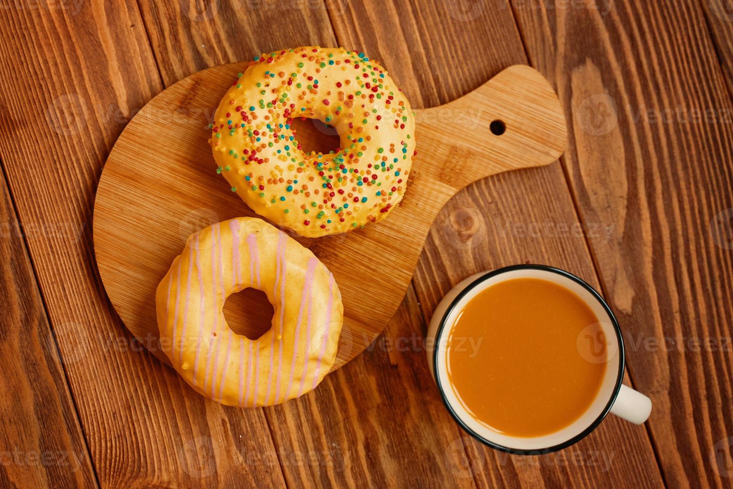 Breakfast on a wooden background. photo