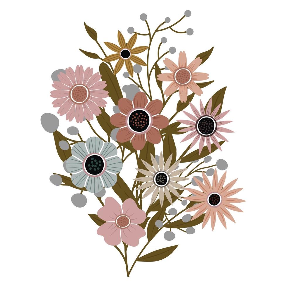 A bouquet of different beautiful wildflowers with leaves from the garden. Various flowering plants with flowers and stems. Wedding decorations, greetings and gifts. Elements are isolated and editable. vector