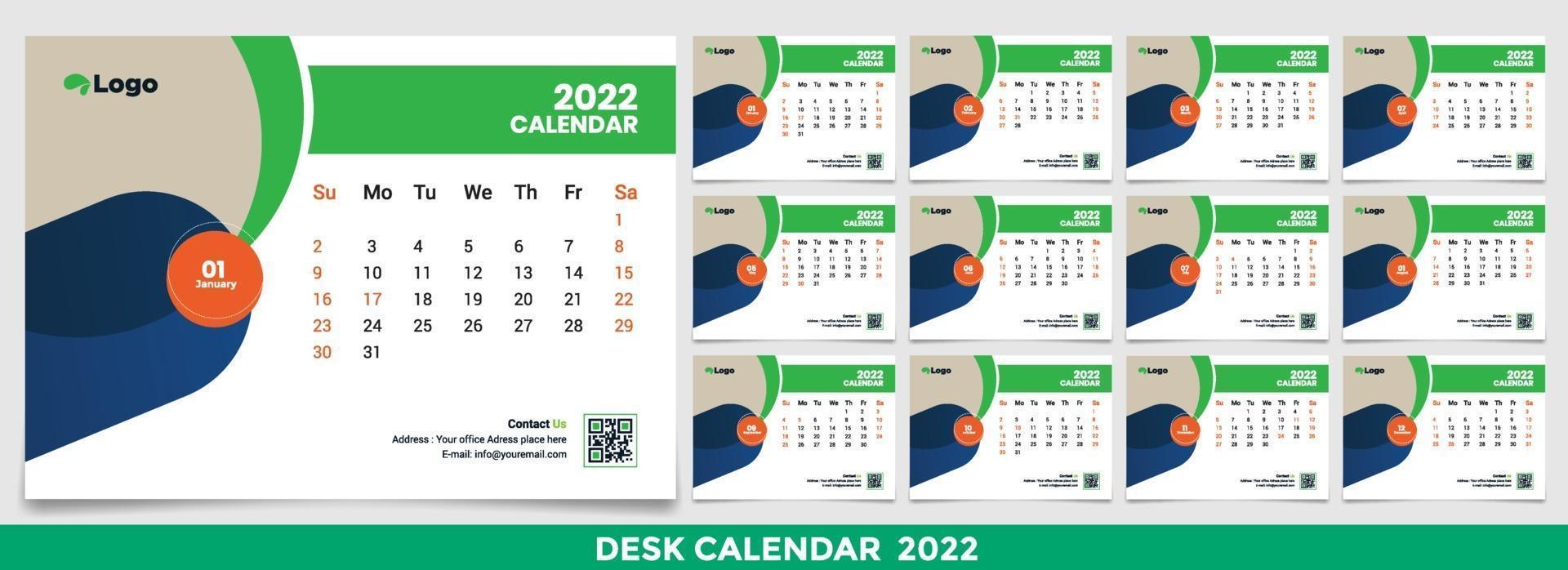 calendario 2022, establezca el diseño de la plantilla de calendario de escritorio con lugar para la foto y el logotipo de la empresa. la semana del lunes al domingo. conjunto de 12 meses vector