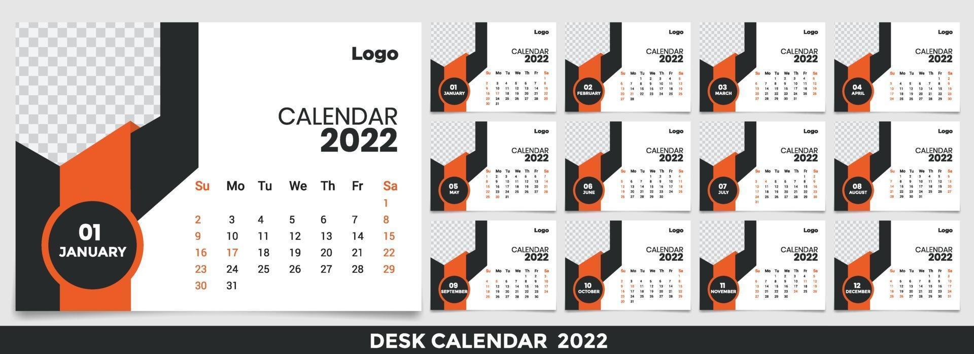 calendario 2022, establezca el diseño de la plantilla de calendario de escritorio con lugar para la foto y el logotipo de la empresa. la semana del lunes al domingo. conjunto de 12 meses vector