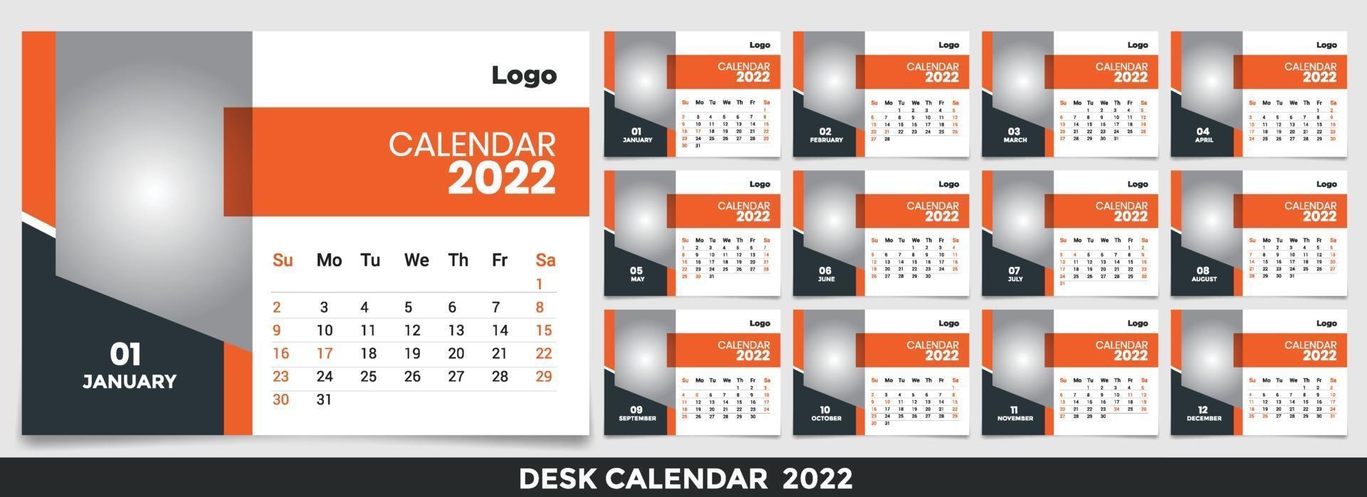 calendario 2022, establezca el diseño de la plantilla de calendario de escritorio con lugar para la foto y el logotipo de la empresa. la semana del lunes al domingo. conjunto de 12 meses vector