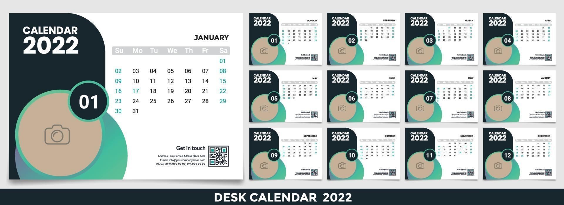 calendario 2022, establezca el diseño de la plantilla de calendario de escritorio con lugar para la foto y el logotipo de la empresa. la semana del lunes al domingo. conjunto de 12 meses vector