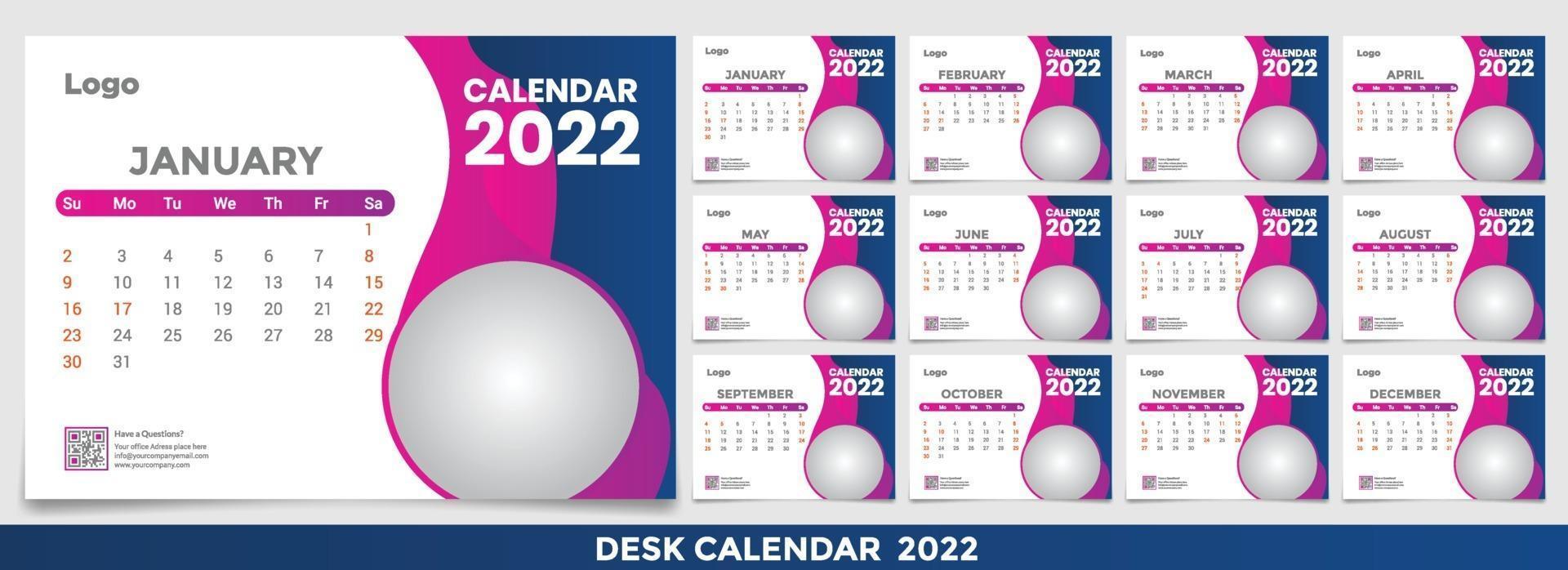 calendario 2022, establezca el diseño de la plantilla de calendario de escritorio con lugar para la foto y el logotipo de la empresa. la semana del lunes al domingo. conjunto de 12 meses vector