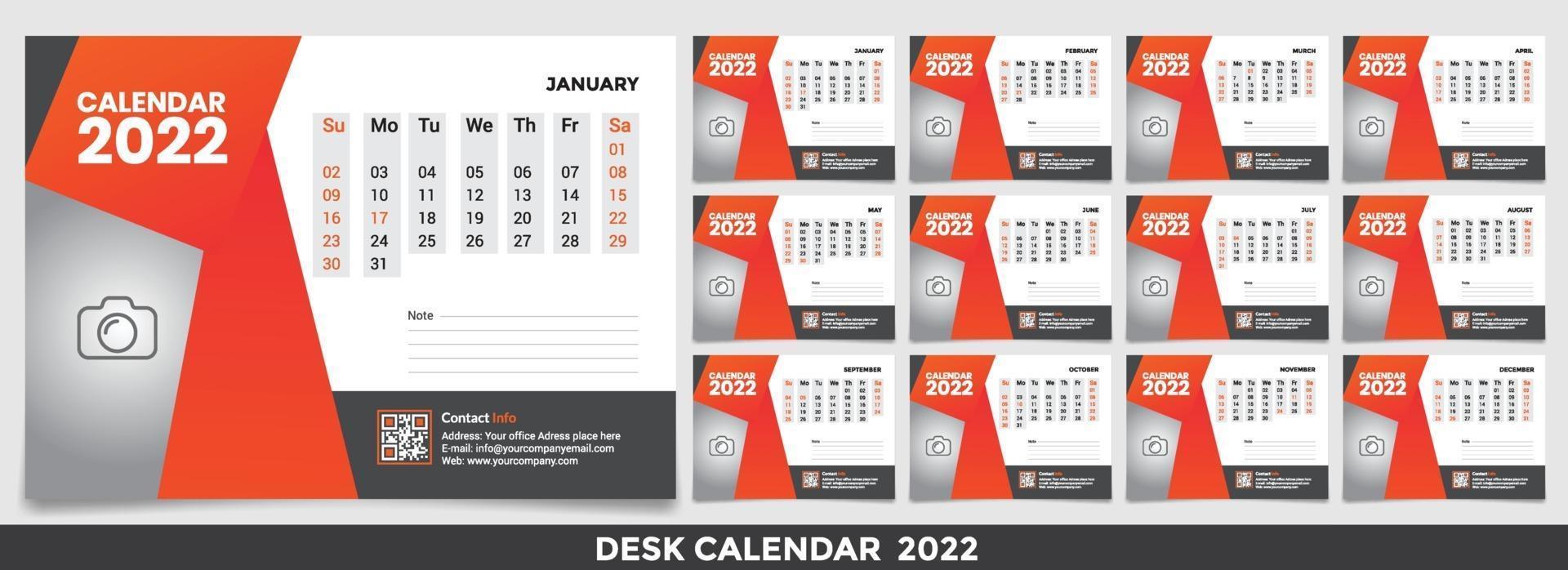 calendario 2022, establezca el diseño de la plantilla de calendario de escritorio con lugar para la foto y el logotipo de la empresa. la semana del lunes al domingo. conjunto de 12 meses vector