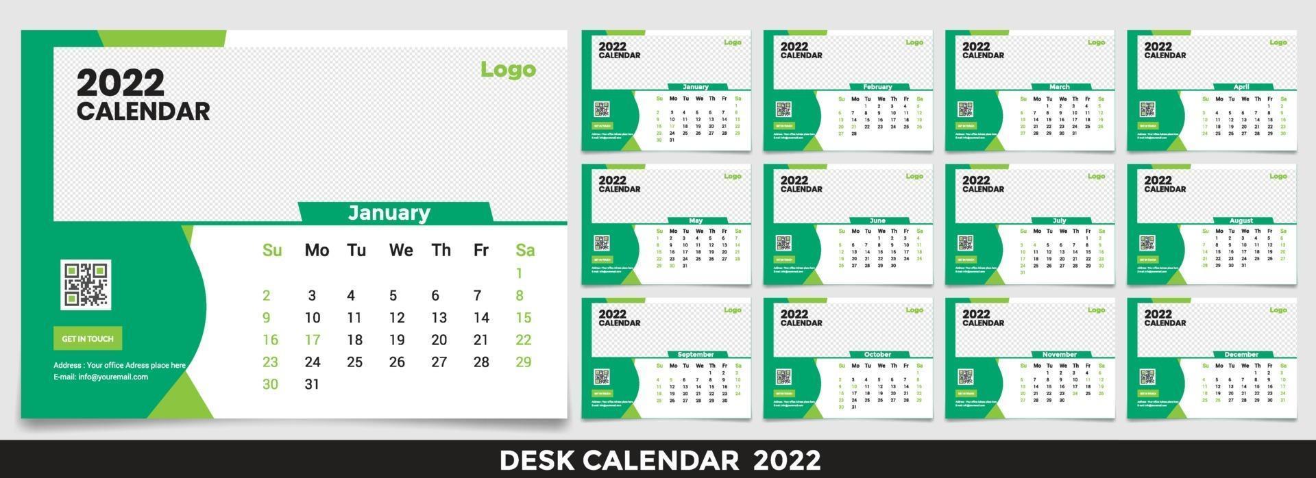 calendario 2022, establezca el diseño de la plantilla de calendario de escritorio con lugar para la foto y el logotipo de la empresa. la semana del lunes al domingo. conjunto de 12 meses vector