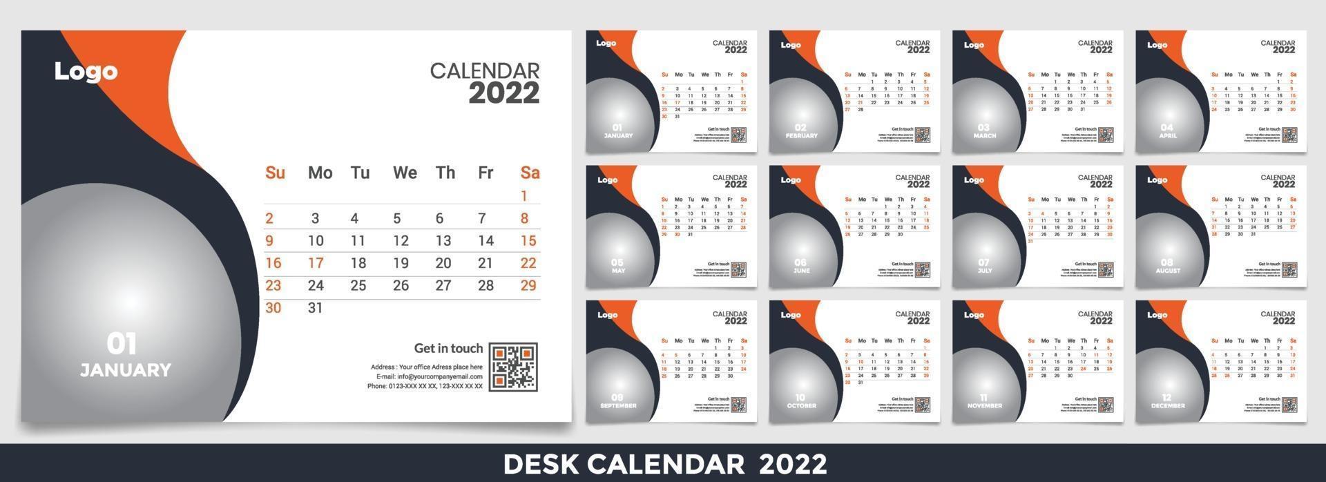 calendario 2022, establezca el diseño de la plantilla de calendario de escritorio con lugar para la foto y el logotipo de la empresa. la semana del lunes al domingo. conjunto de 12 meses vector