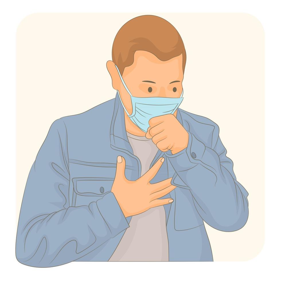 Man with face mask coughing into his fist vector