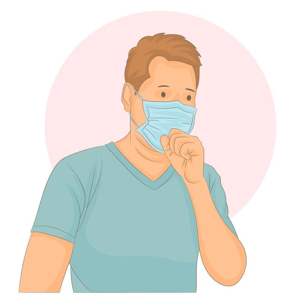 Man with face mask coughing into his fist vector