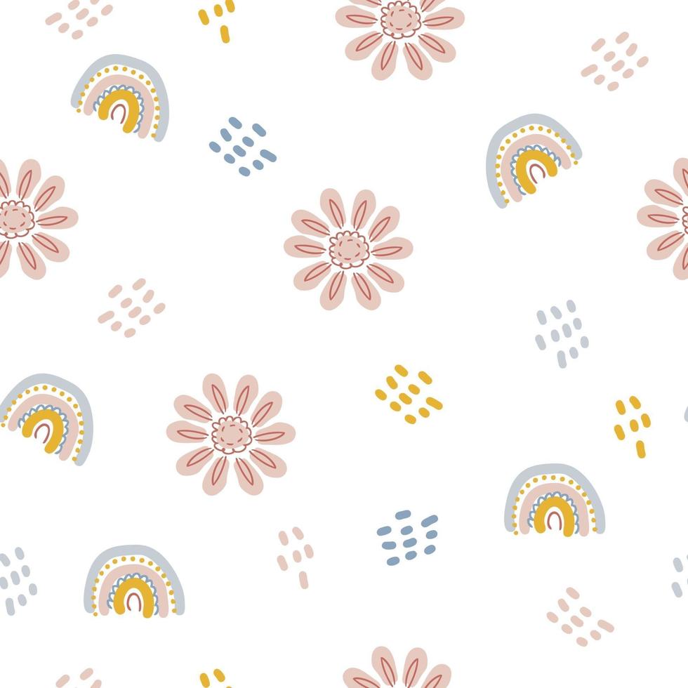 Seamless pattern of rainbows and flowers in pastel color vector