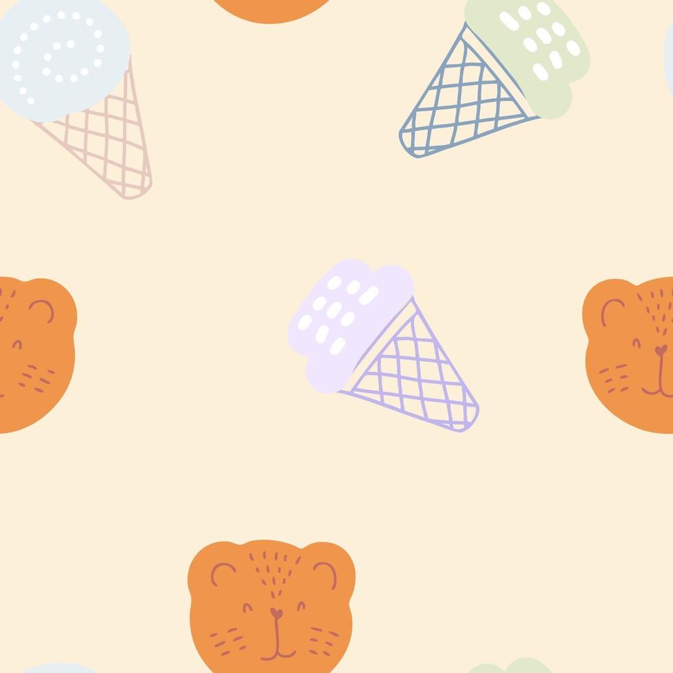 Seamless pattern of tiger muzzles and ice creams vector