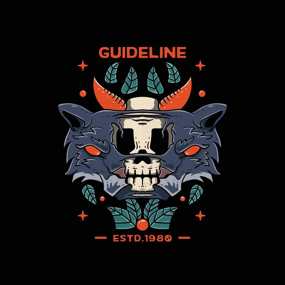 lobo con calavera naranja ilustración para camiseta y tatuaje vector